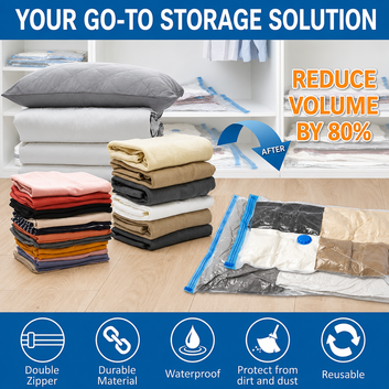 Vacuum Storage Bags with Hand Pump | Reusable Space Saving Compression Bags for Clothes, Blankets, Comforters, Pillows & Travel
